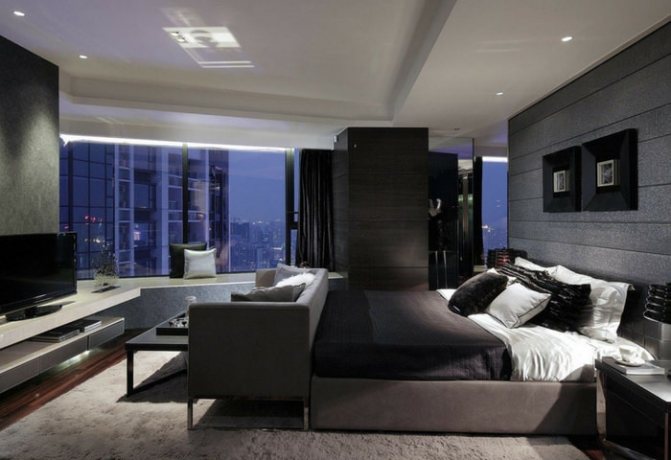 Ремонт спальни в стиле Хай-тек в тёмных цветах с использованием естественных фактур