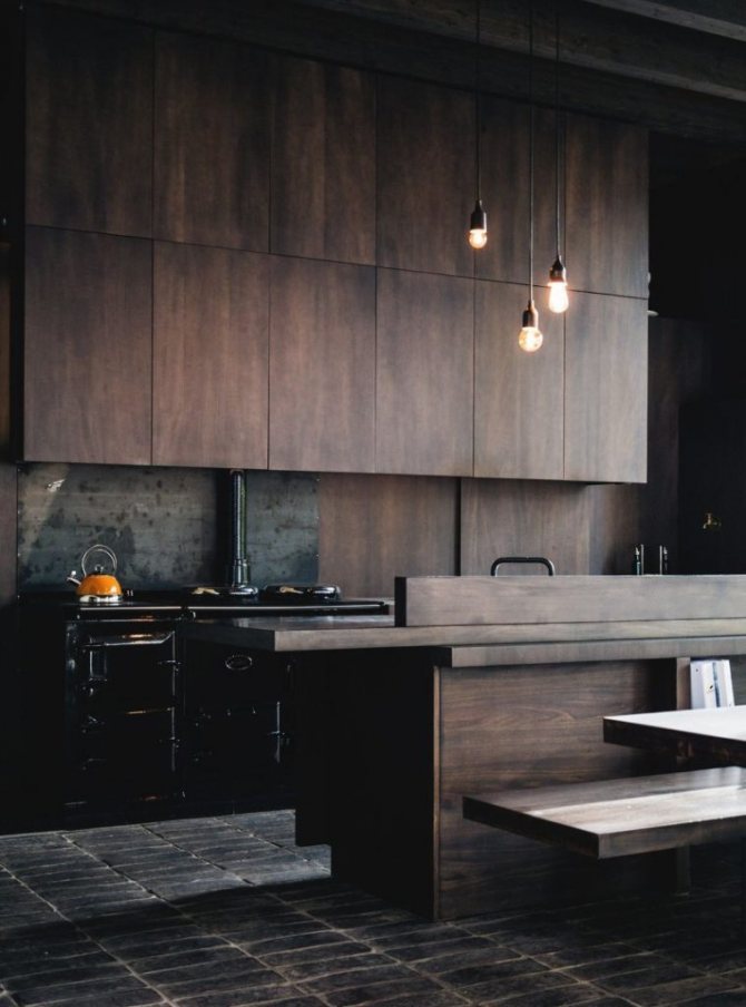 Темно-коричневые фасады кухонного гарнитура в стиле лофт